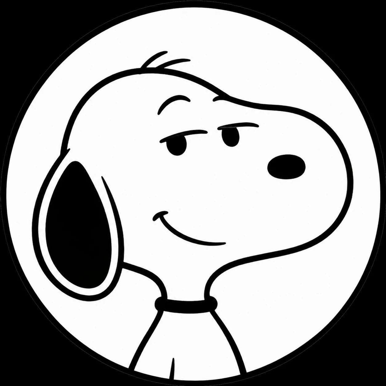Snoopy with a small smirk in a black and white icon