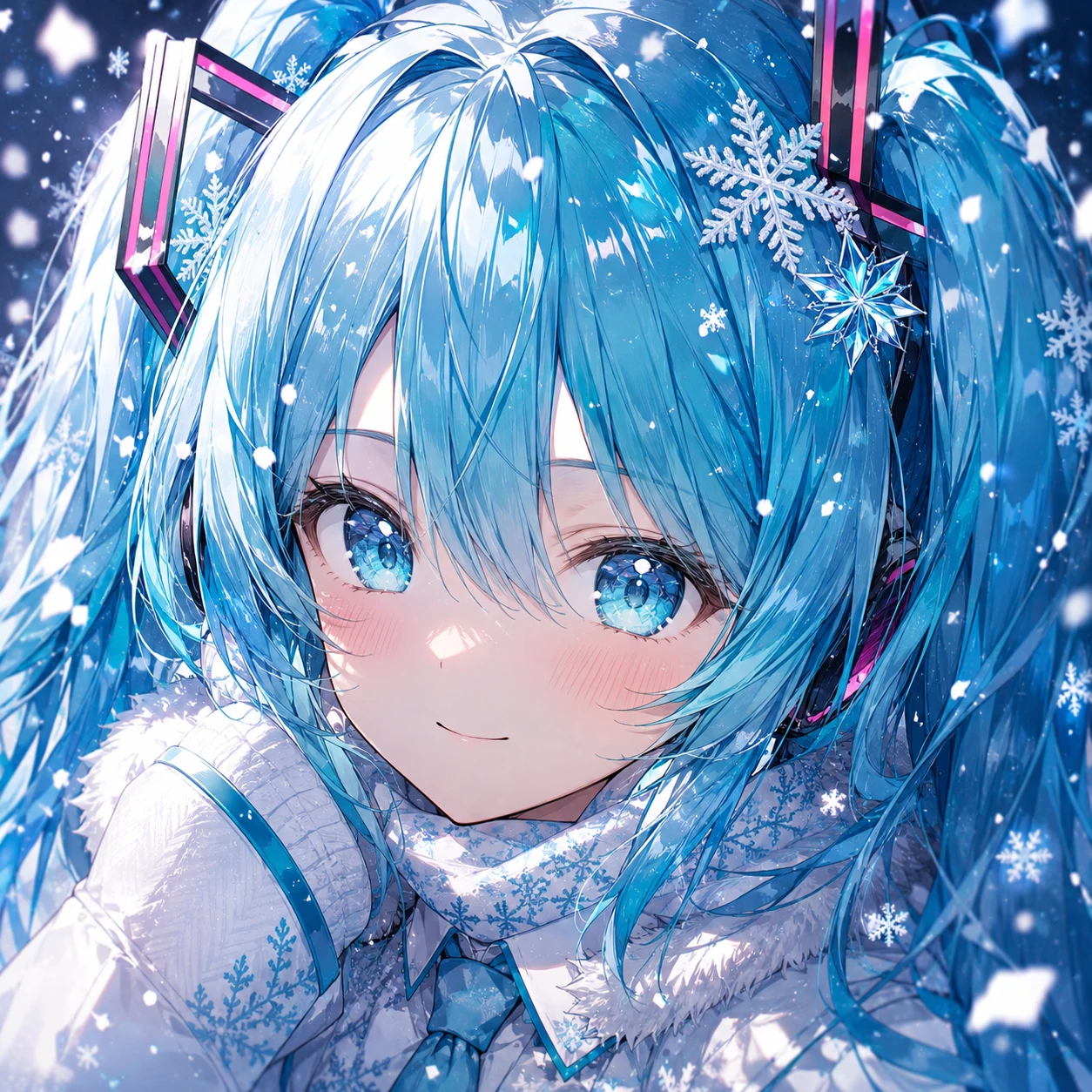 4k Miku icon with snow detail, bright eyes, and high-resolution anime finish