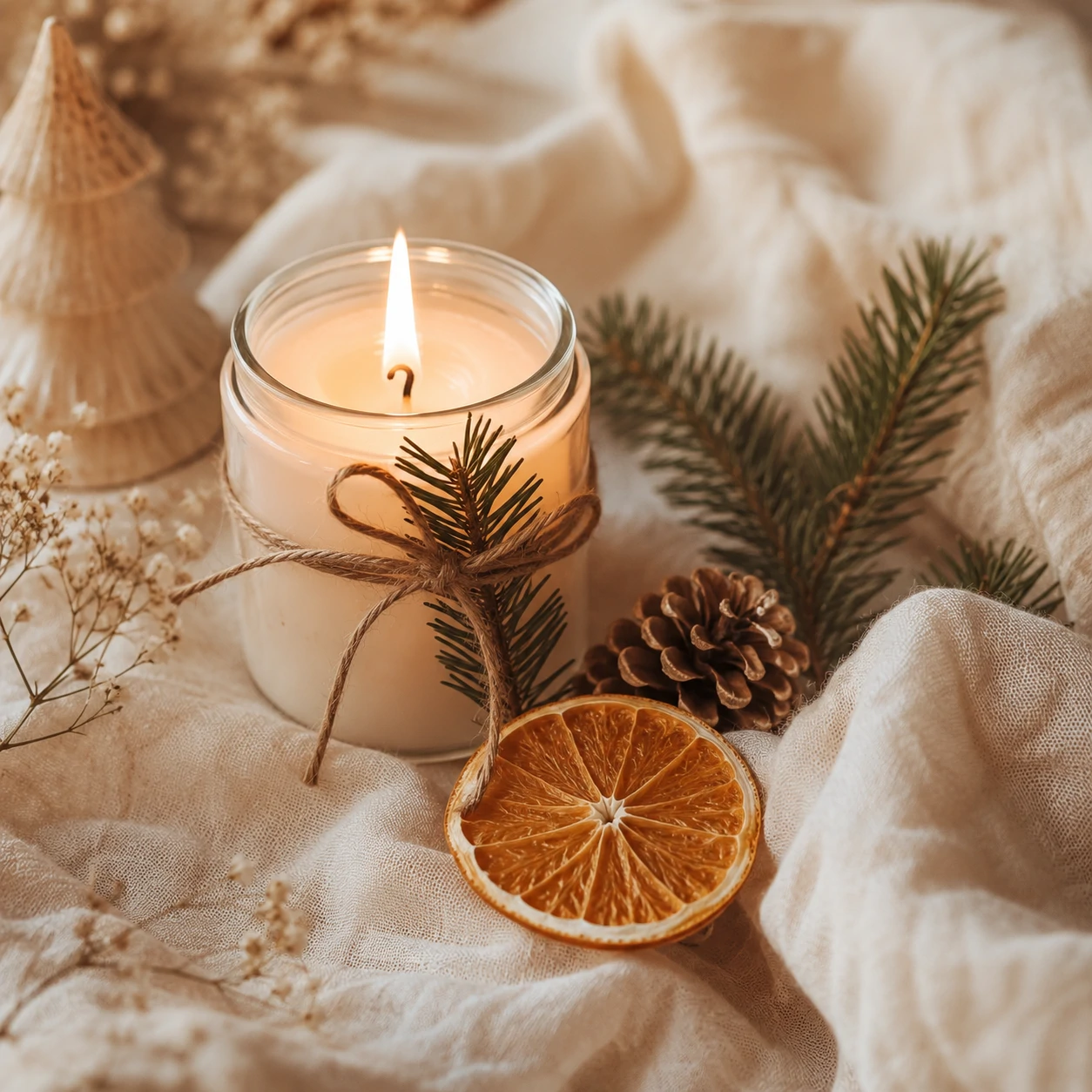 Soft aesthetic Christmas PFP with a lit candle, dried orange slice and pine sprig on cream linen