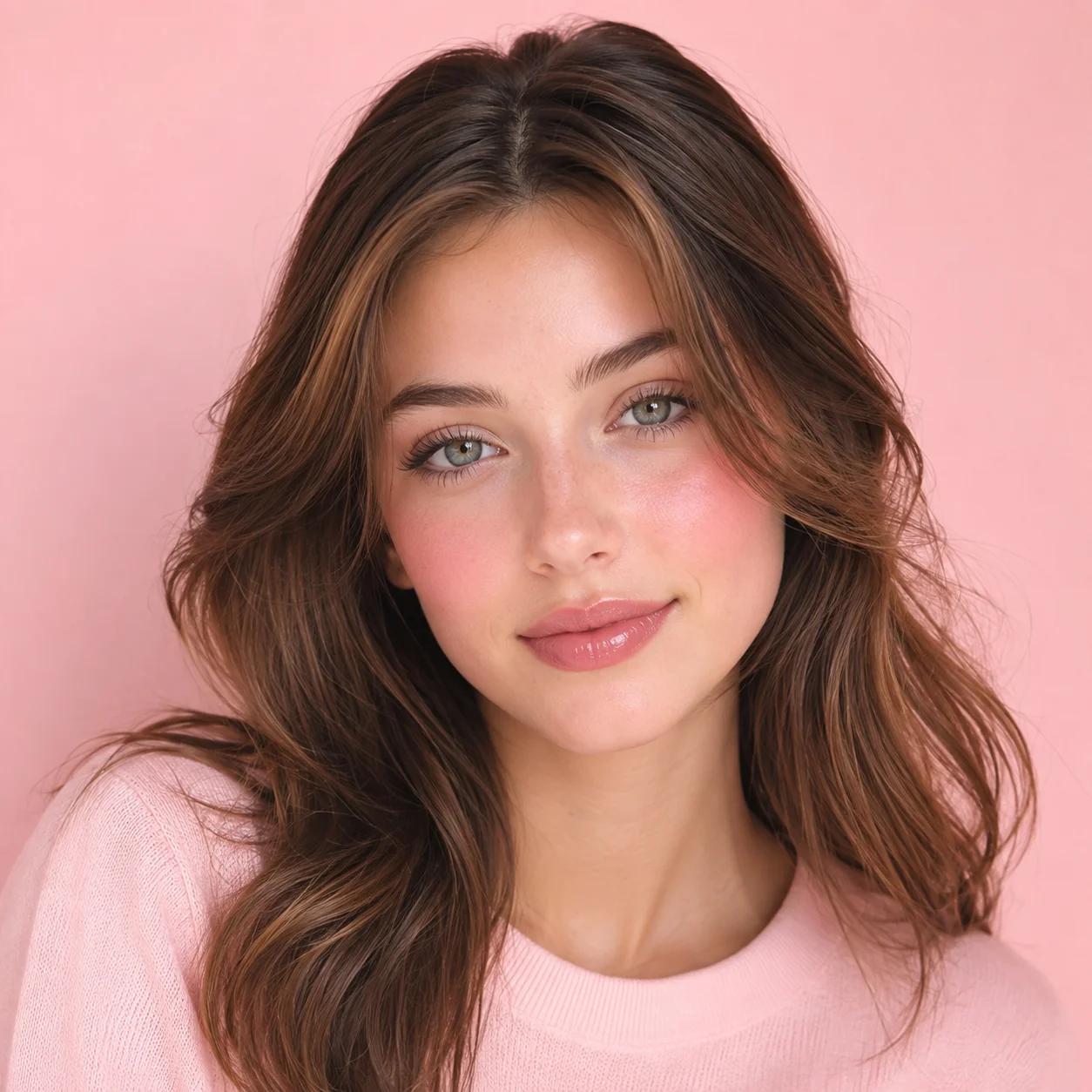 Soft pastel preppy avatar with pink blush and lip gloss for a polished girly profile picture