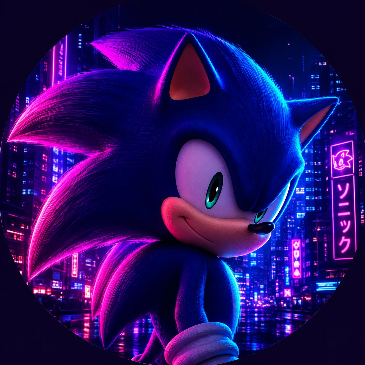 Cool neon city Sonic PFP for Discord and Instagram avatars.