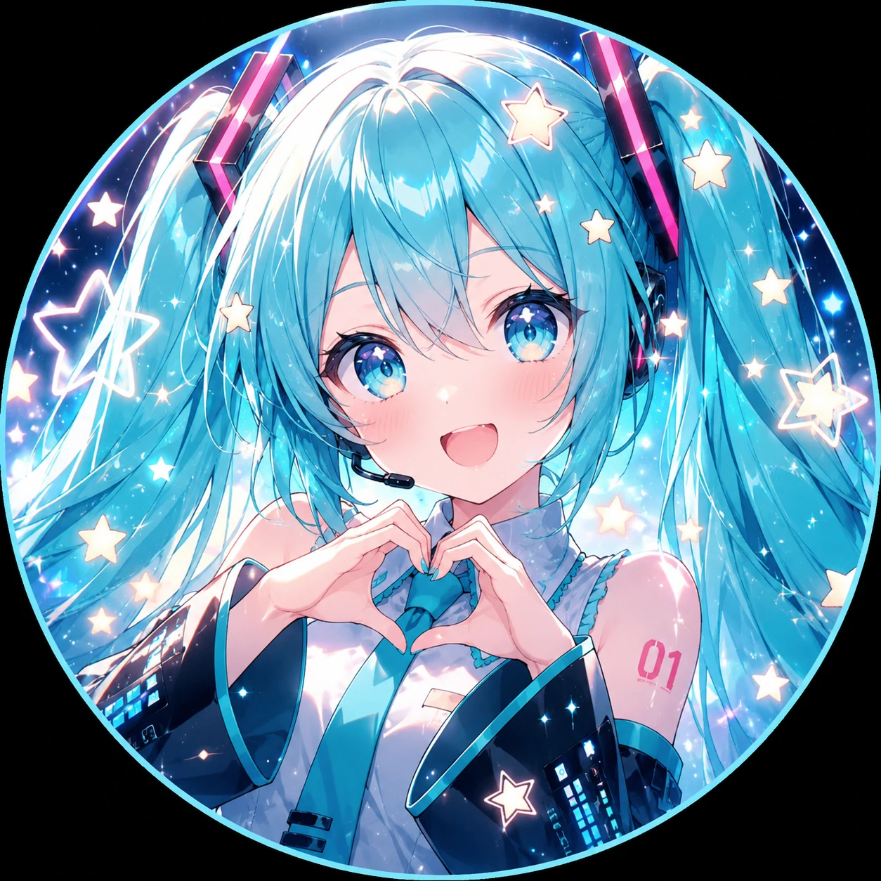 Cute Miku profile picture with star sparkles, aqua hair, and happy anime pose