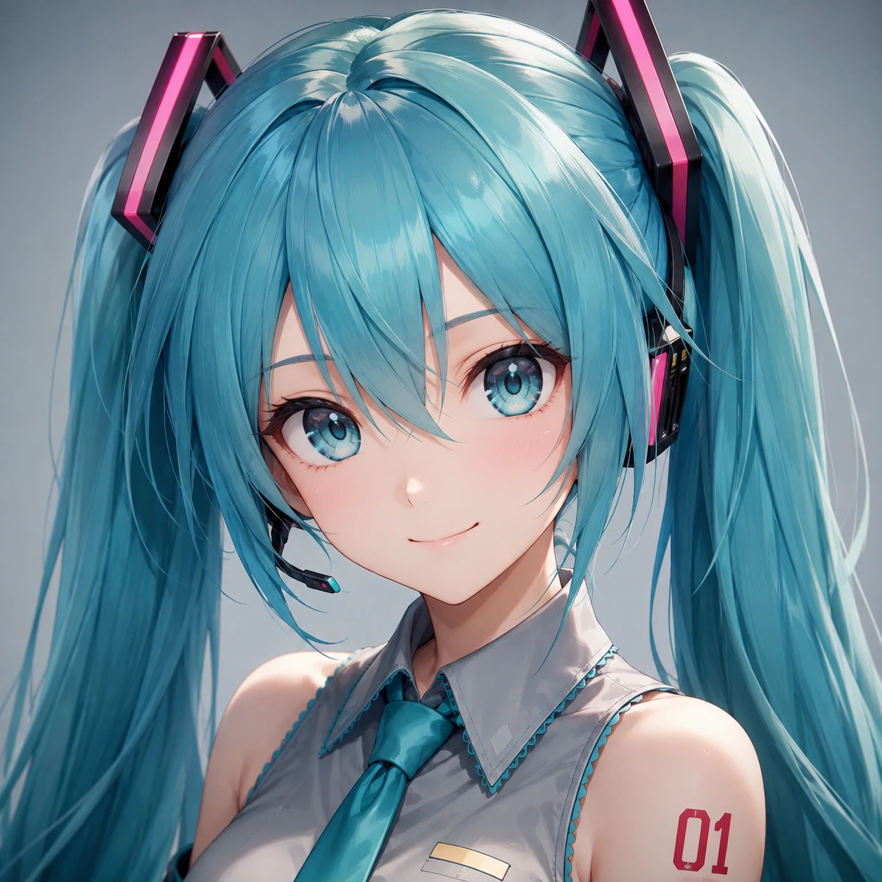 Studio portrait Miku pfp 4k with smooth background and detailed anime facial features