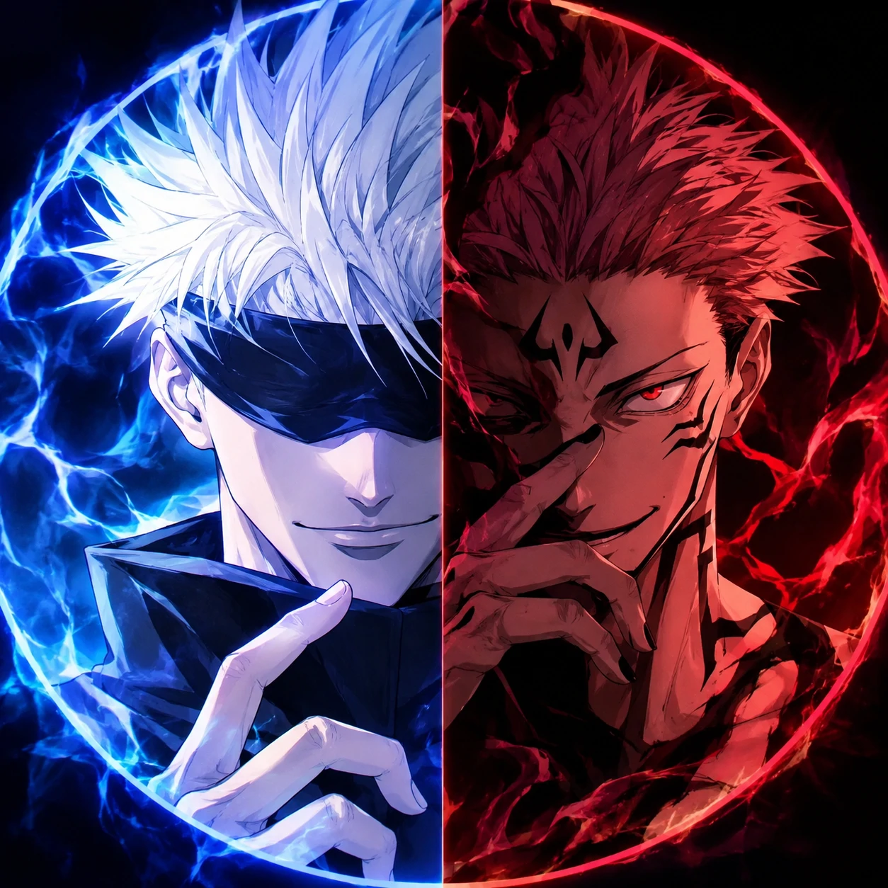 Sukuna and Gojo Satoru matching PFP with one bright and one dark half.