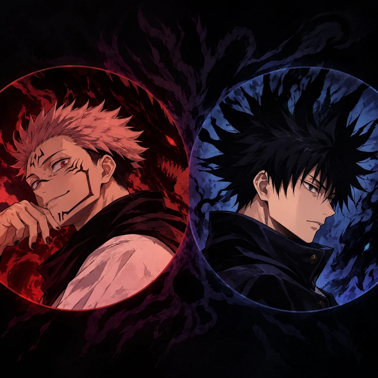Sukuna and Megumi Fushiguro matching PFP with shared shadow background.