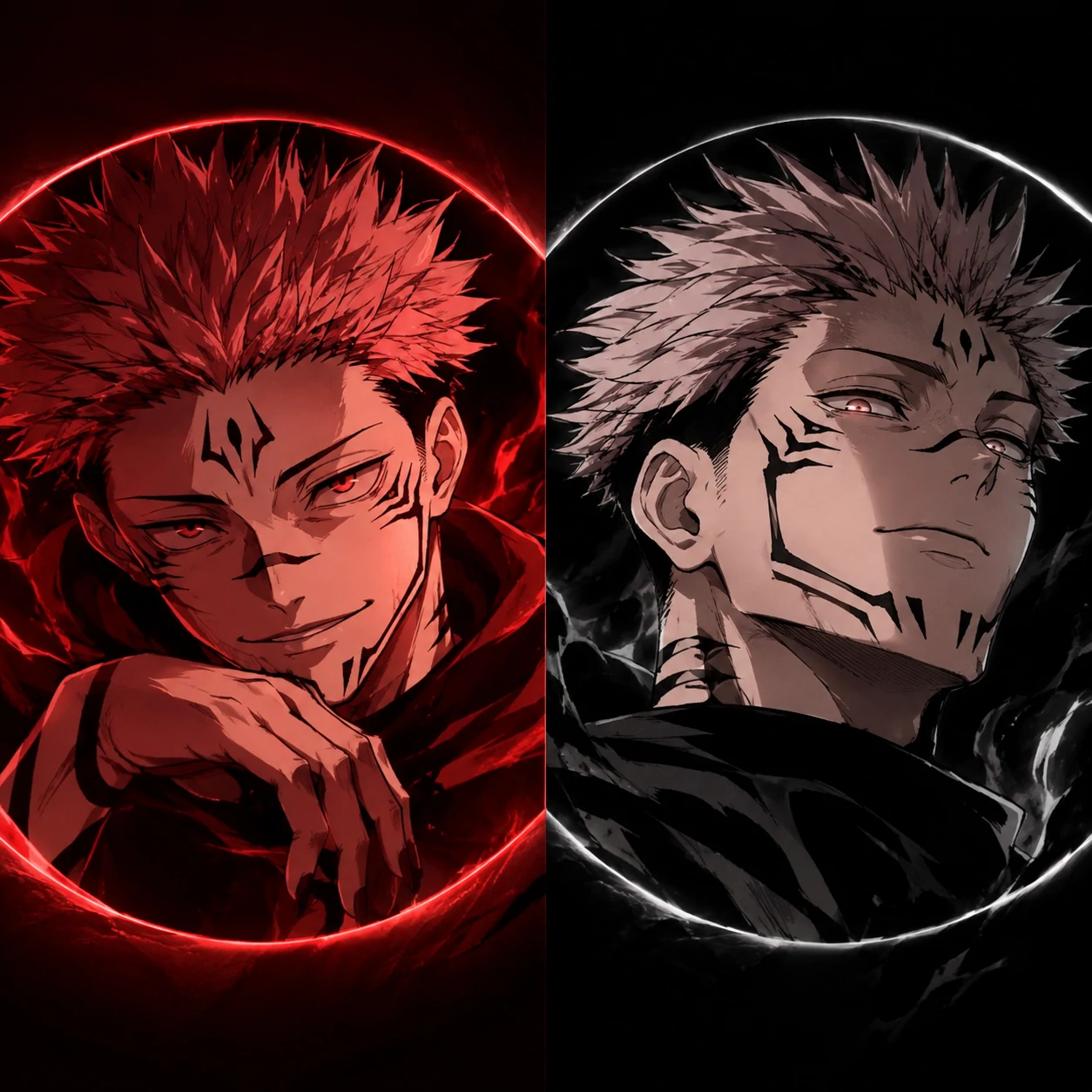 Red-side Sukuna and black-side Sukuna matching profile picture for friends.