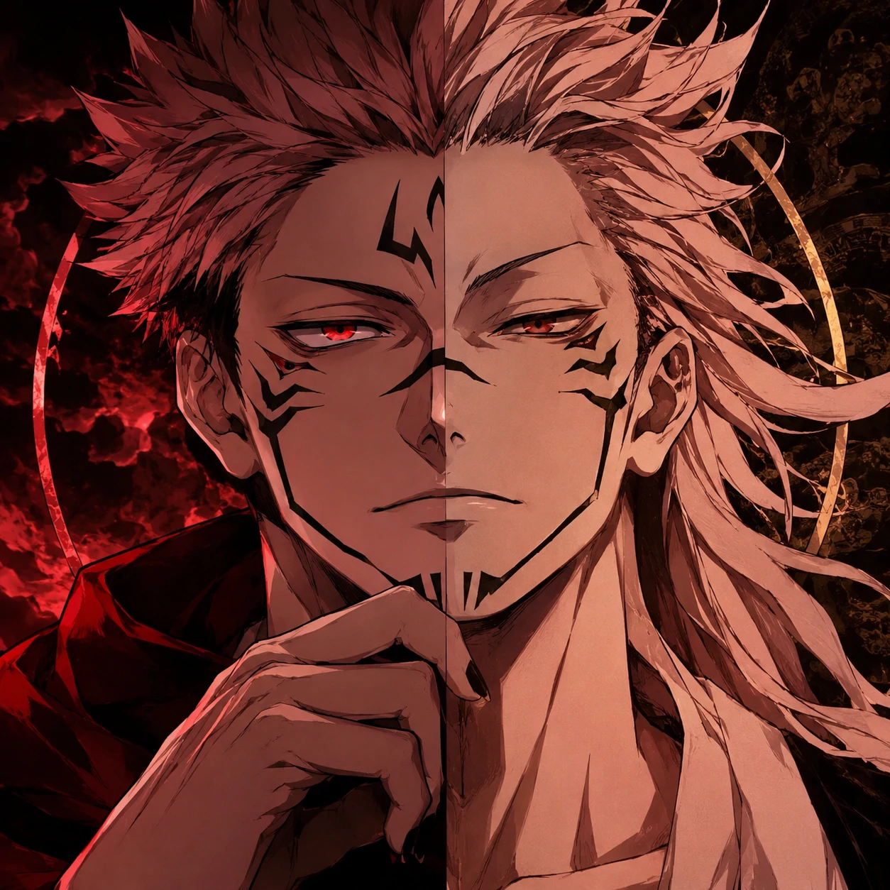 Matching Sukuna PFP split between modern and original Heian version.