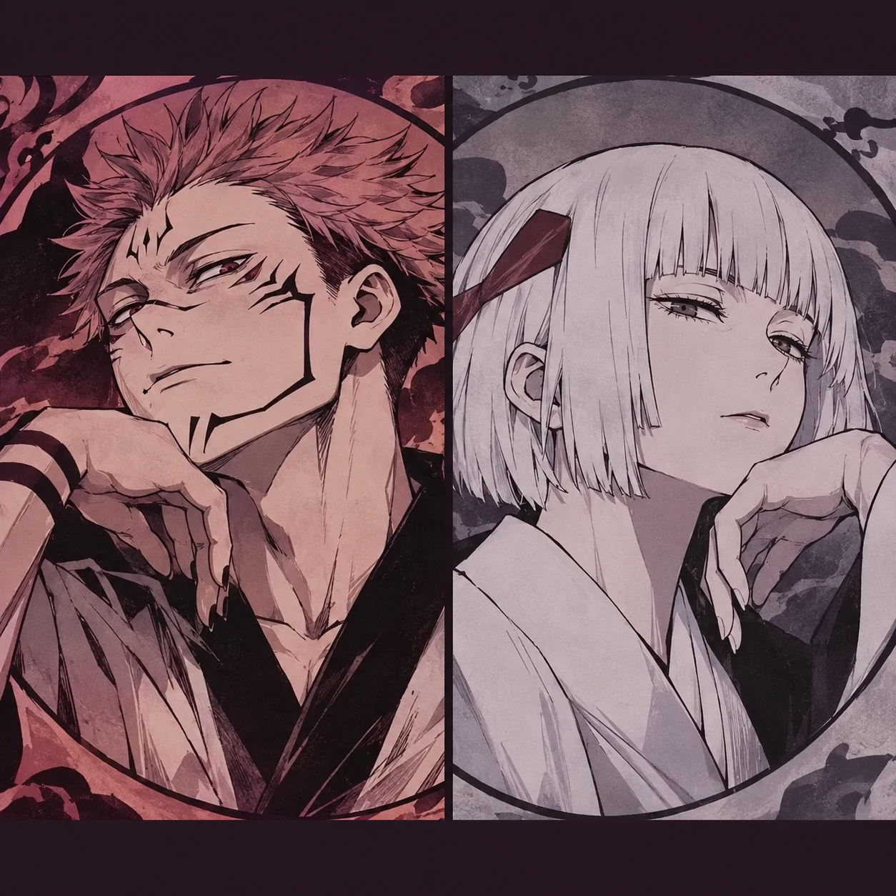 Sukuna and Uraume matching PFP with calm colour palette and matching poses.