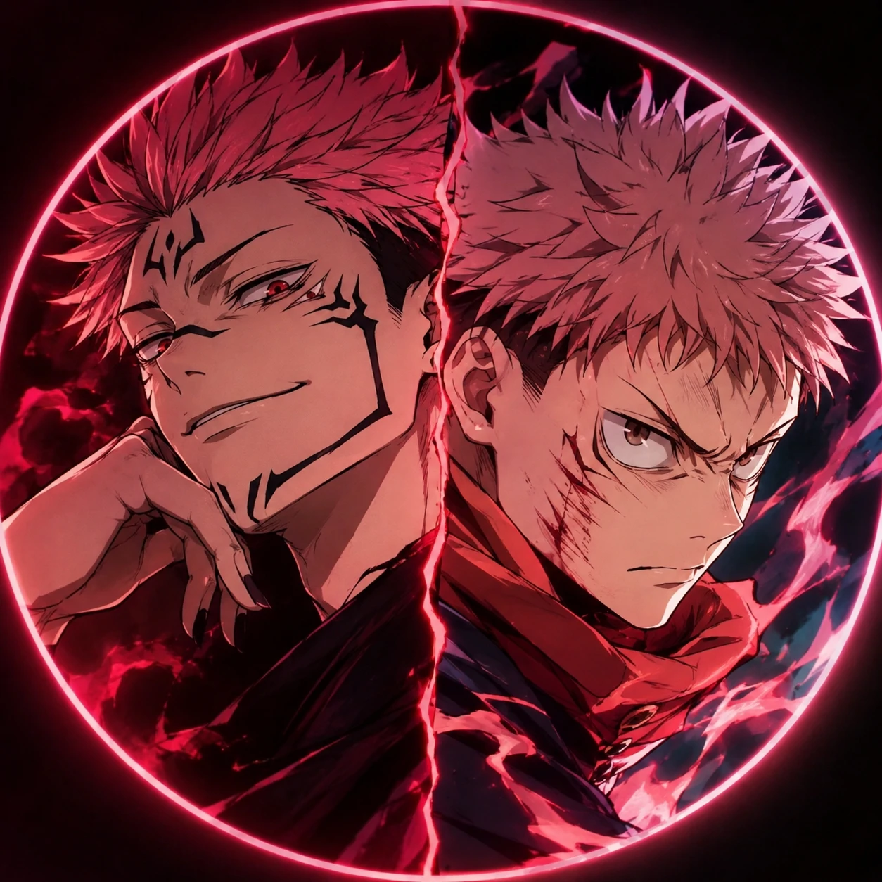 Sukuna and Yuji matching profile picture split into two halves.