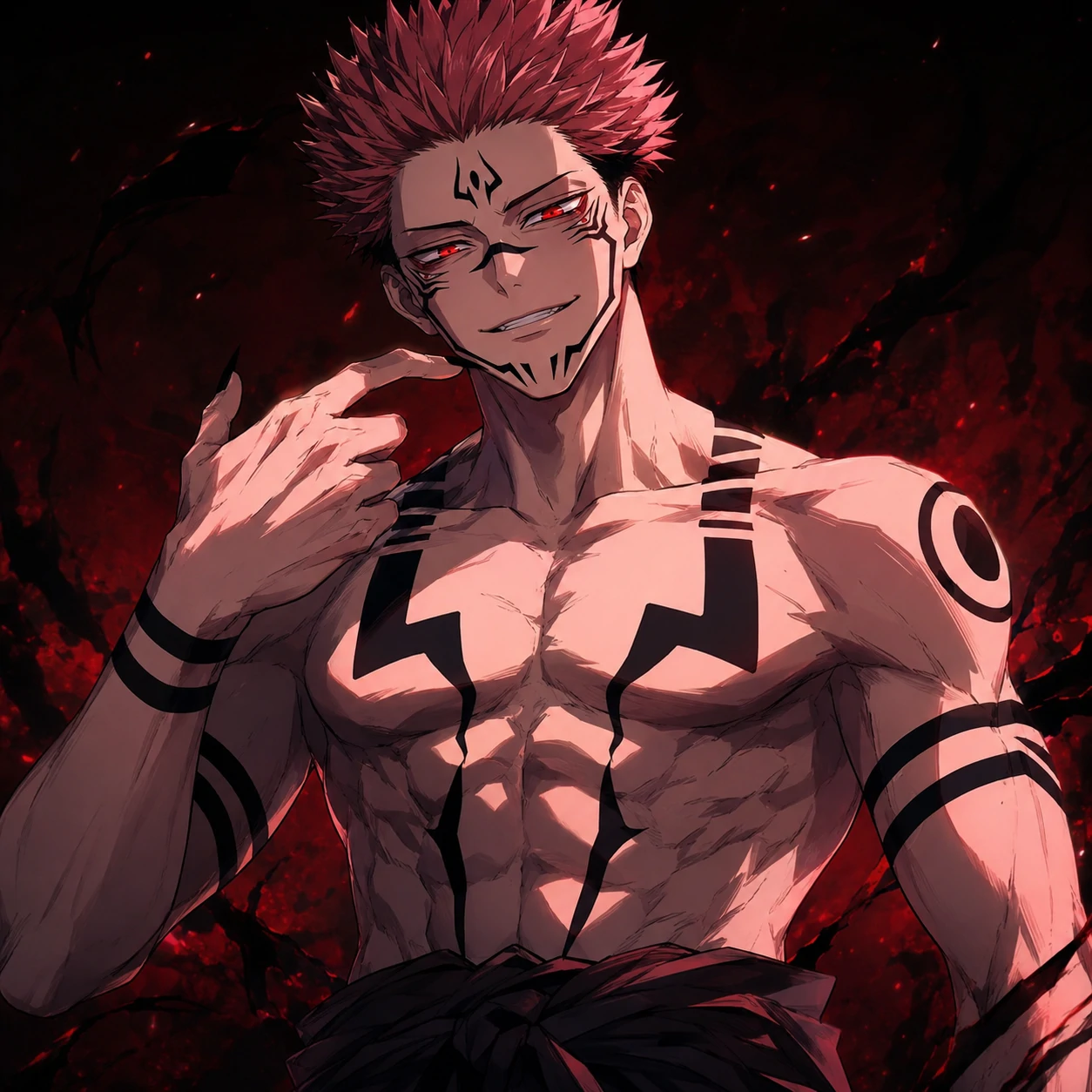 4K Sukuna PFP showing his upper body and detailed torso markings.