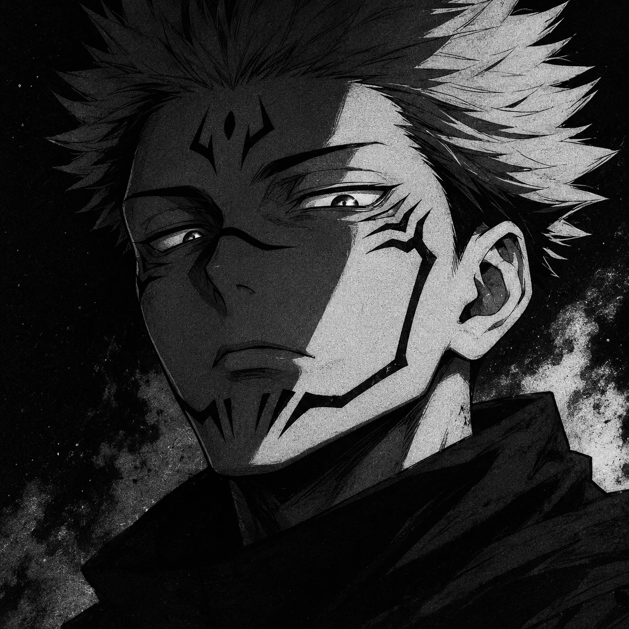 Black-and-white aesthetic Sukuna PFP with deep contrast and soft grain.