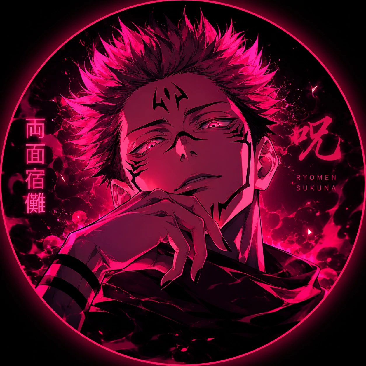 Colour-graded Sukuna aesthetic PFP with neon red and pink tones.
