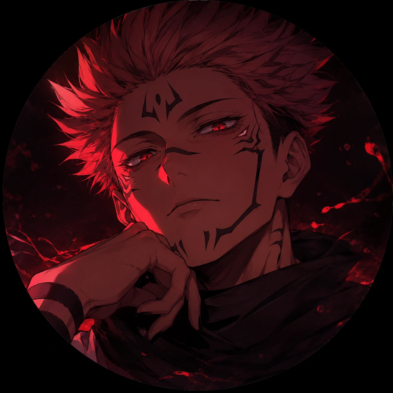 Sukuna portrait in soft anime aesthetic with red glow highlights framing his face.