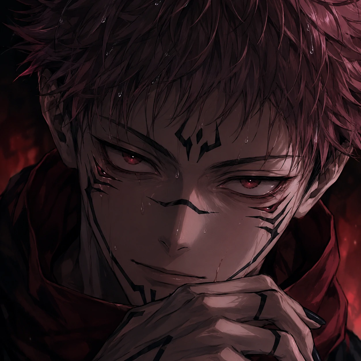 Close-up Sukuna boy portrait with intense expression and sweat-slick hair.