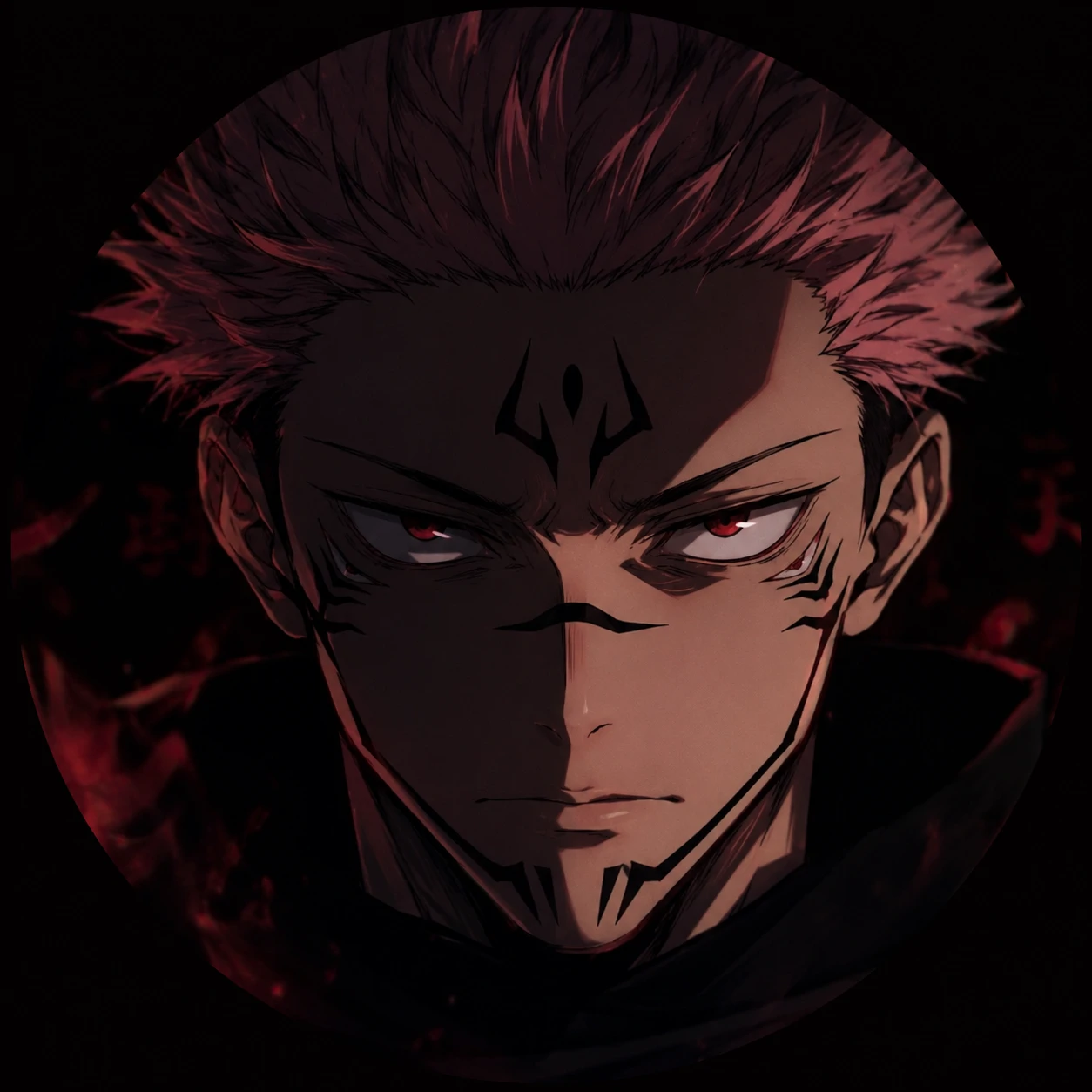 Hard-staring boy version of Sukuna with deep shadows across his face.