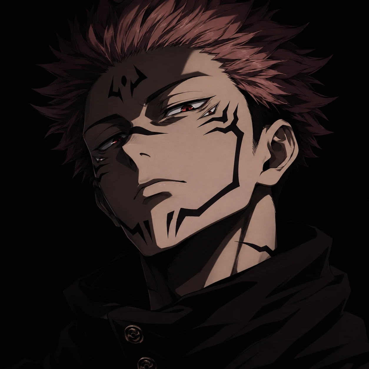 Sukuna boy icon with crisp angular shadows and dark backdrop.