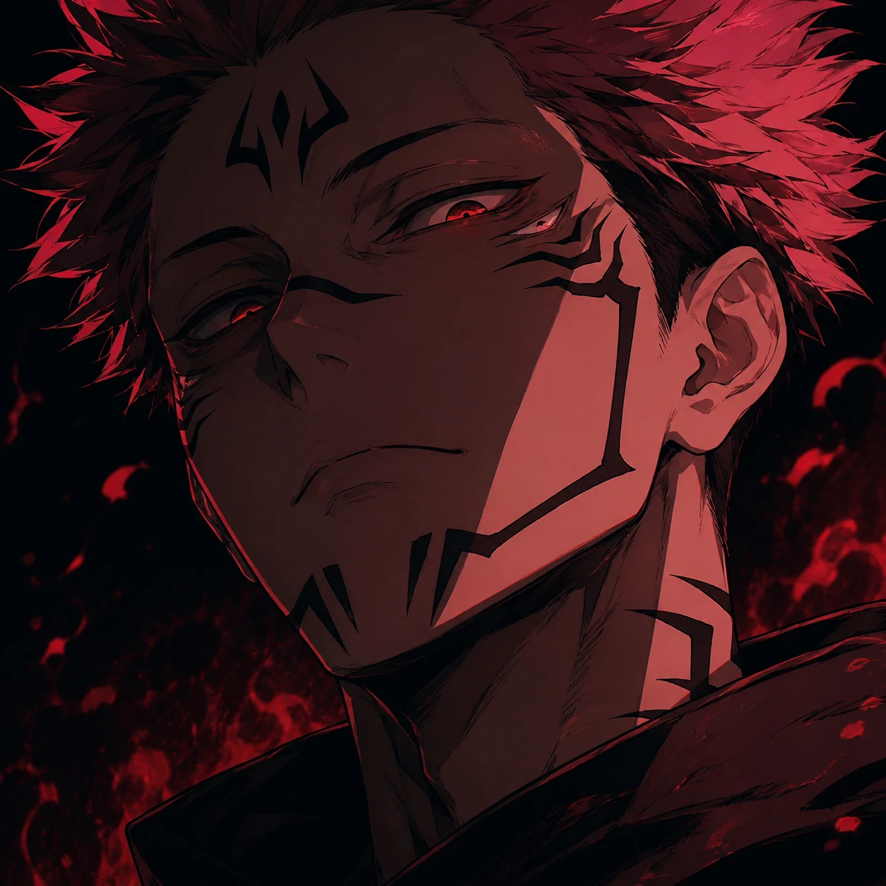 Sukuna boy pfp with bold tattooed face detail and moody lighting.