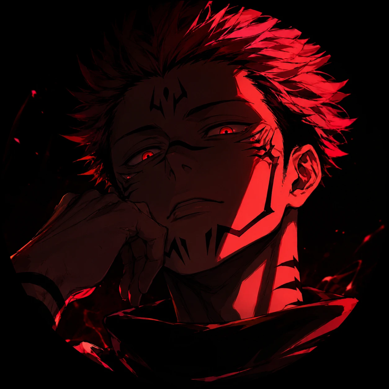 Dark-aesthetic Sukuna profile picture with deep red highlights on black.