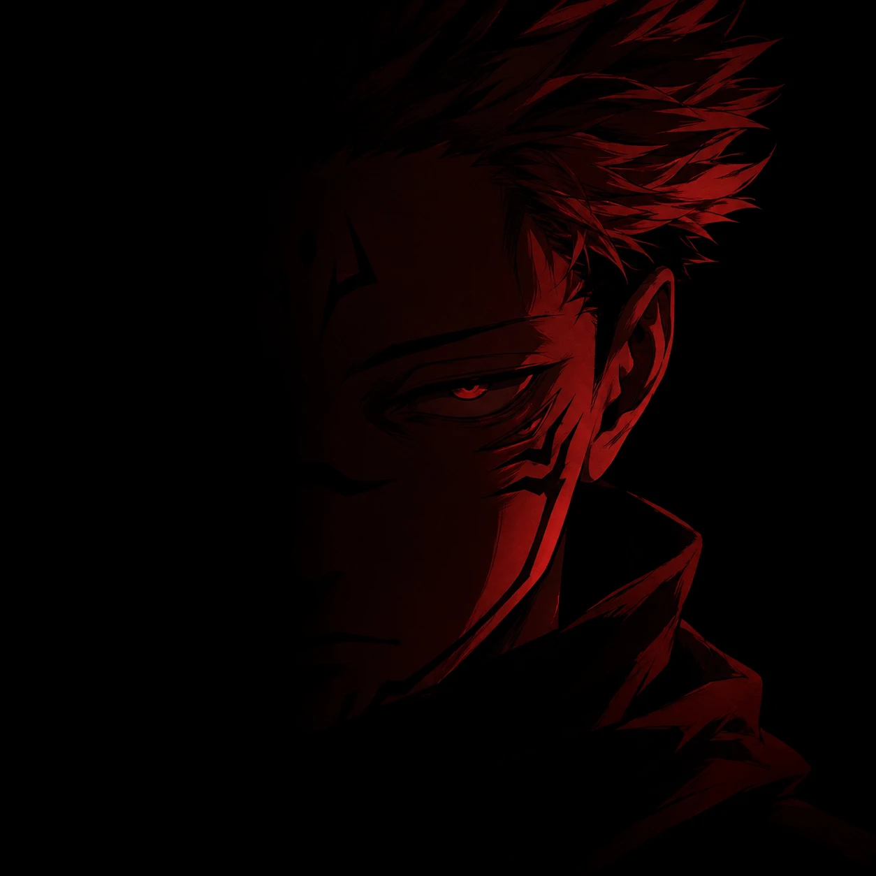 Sukuna profile picture half-hidden in dark shadow with red linework.