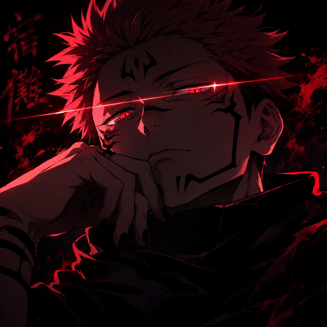 Dark Sukuna PFP with Malevolent Shrine backdrop behind his silhouette.