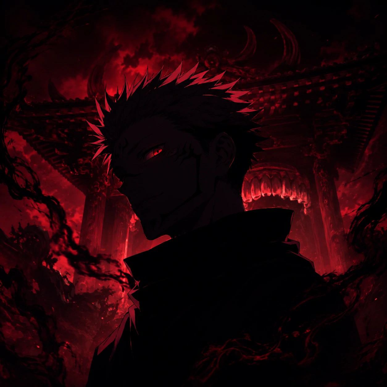 Sukuna dark aesthetic PFP with a single sharp shine across his eyes.