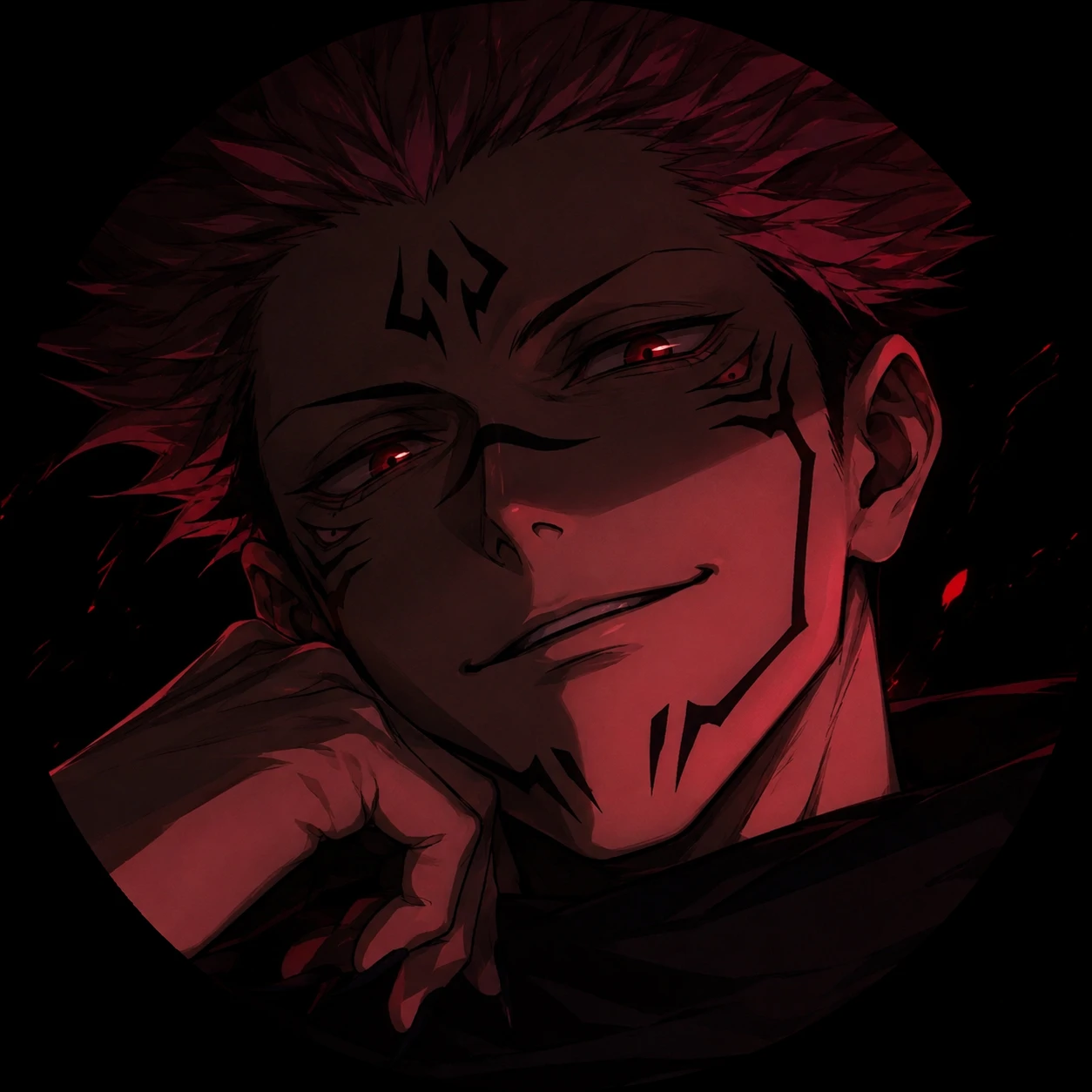 Dark-aesthetic Sukuna icon with signature smirk under black and red shading.