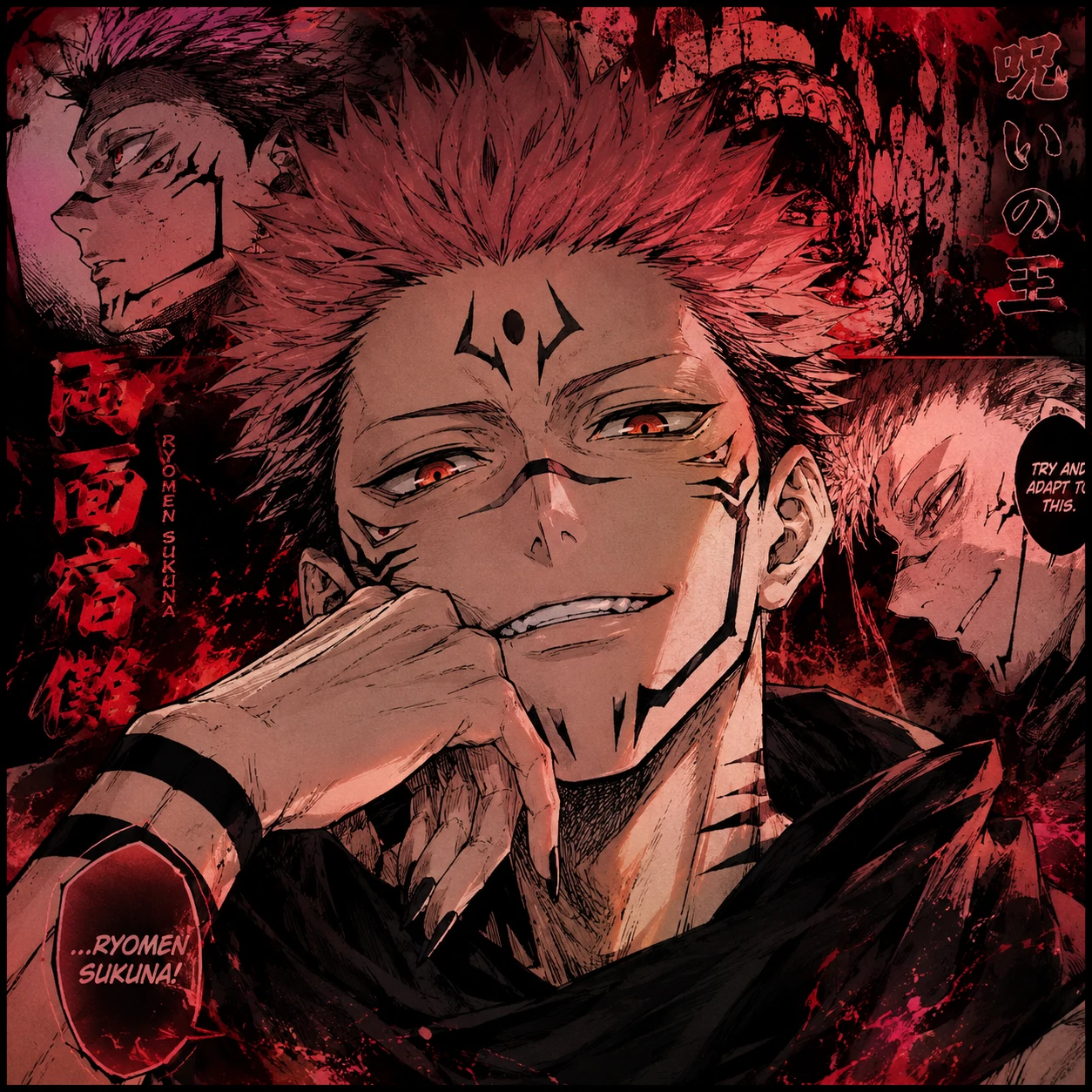 Coloured manga spread of Sukuna with bold lineart and red accents.