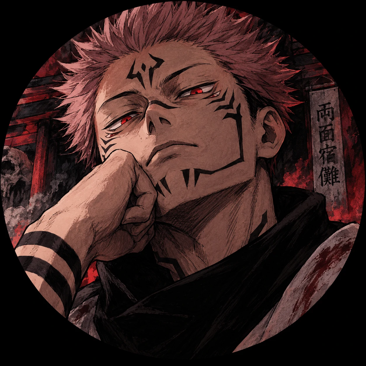 Fan-coloured Sukuna manga profile picture with painterly shading.