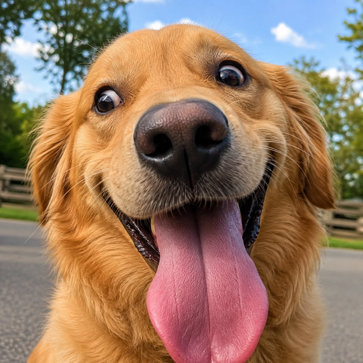 Humorous dog with tongue out and wide cheerful eyes