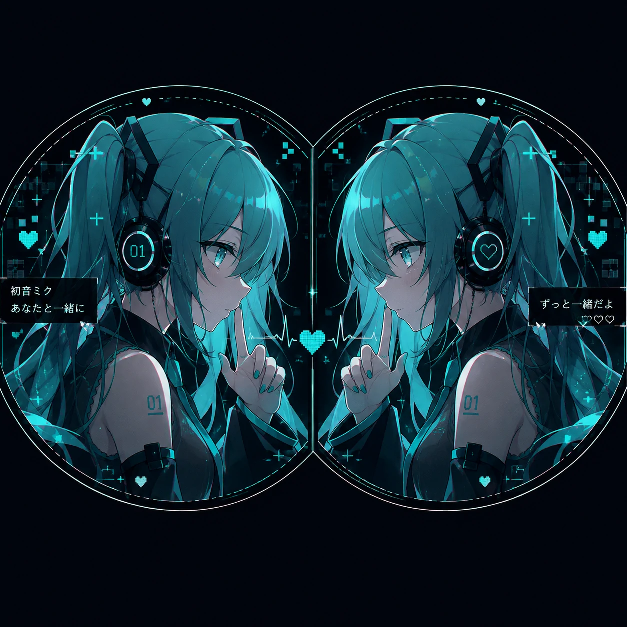 Matching Miku pfp set with split frame, mirrored pose, and teal anime palette
