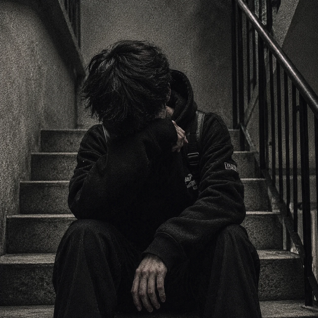 Grainy staircase portrait for a dark unknown boy pfp.