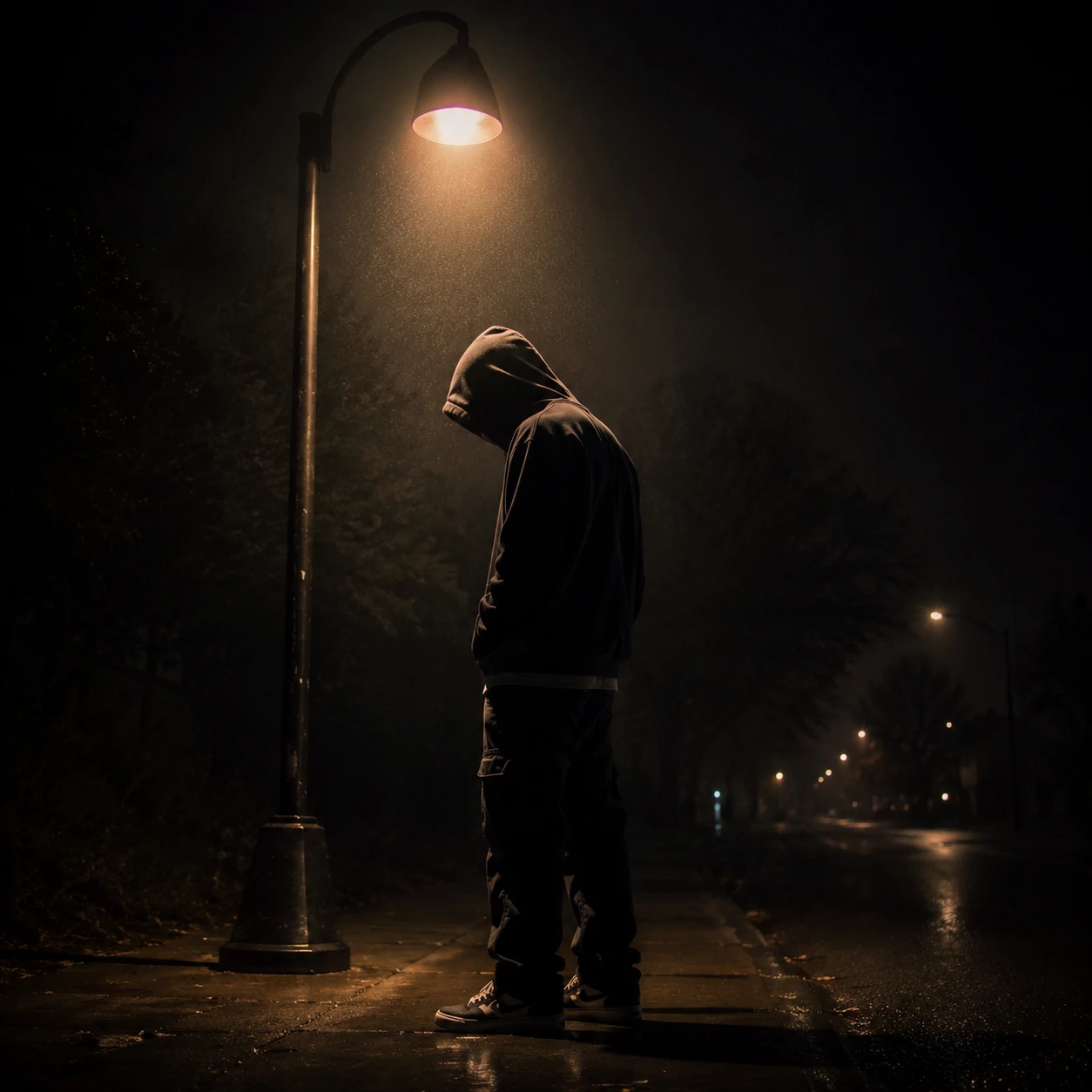 Hooded figure under a street lamp for an unknown boy pfp.