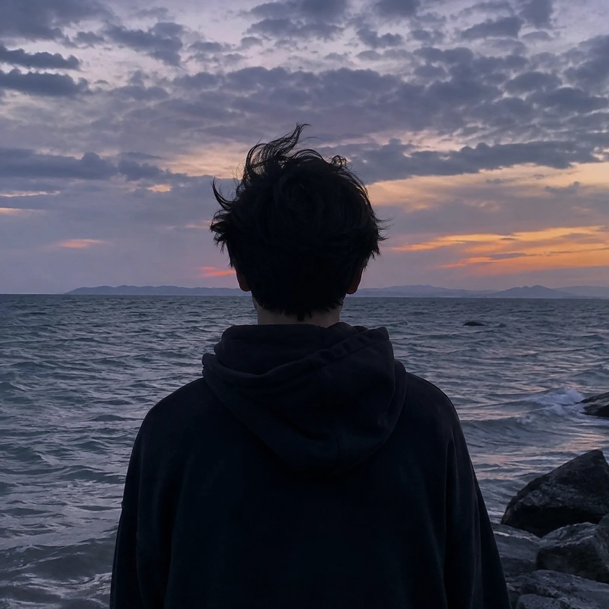 Back-view boy at the seaside for an unknown boy pfp.
