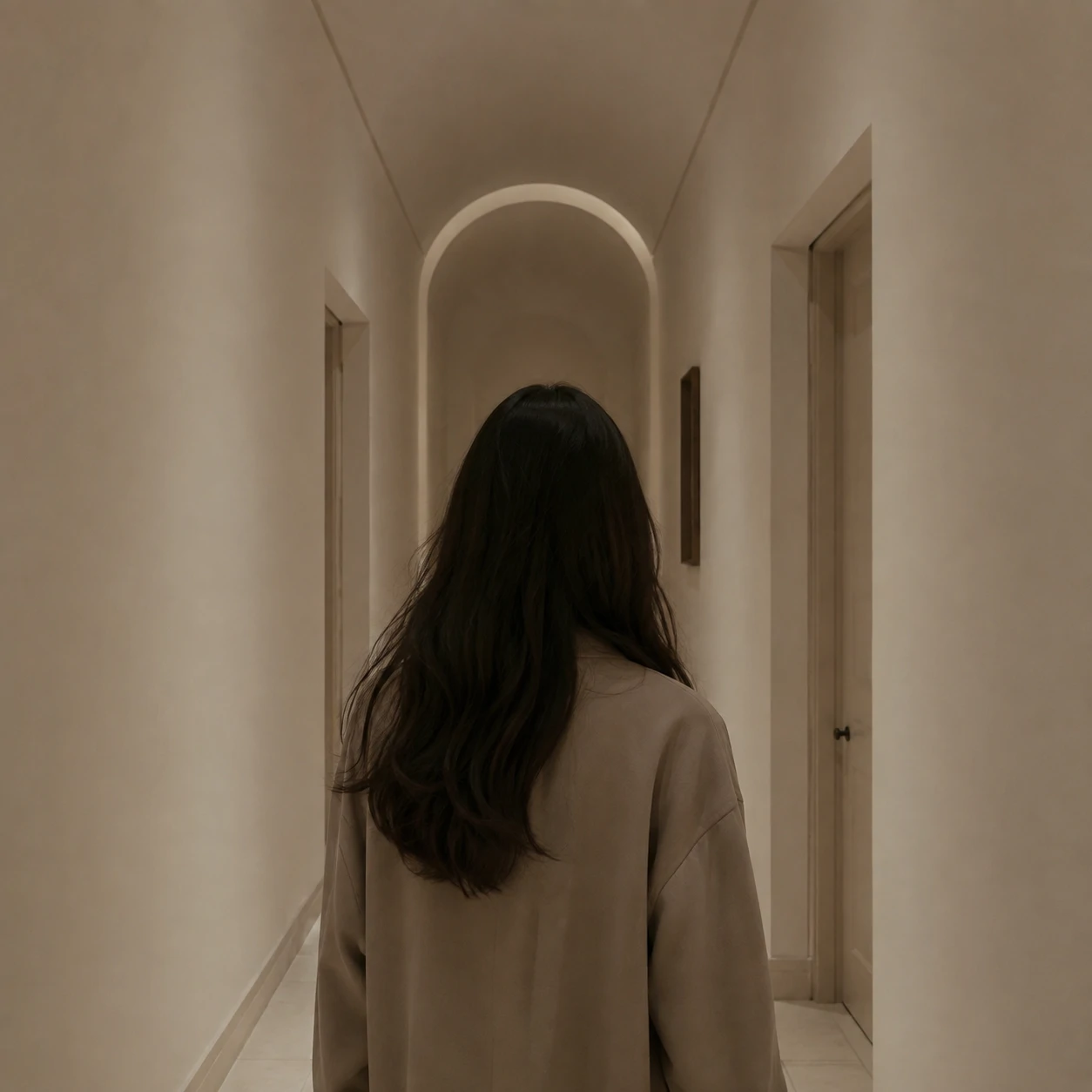 Faceless figure in a neutral hallway for an aesthetic unknown pfp.