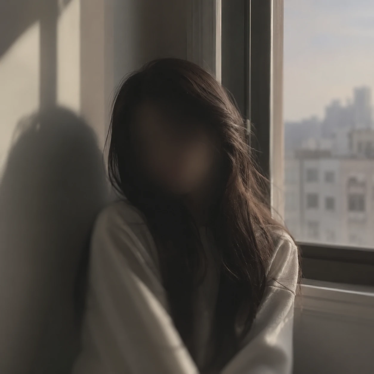 Blurred faceless portrait by a window for an aesthetic unknown pfp.
