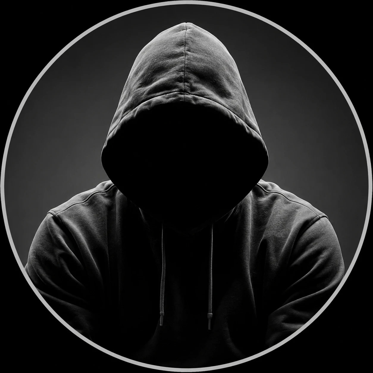 Monochrome hoodie portrait optimized as an unknown Discord pfp.