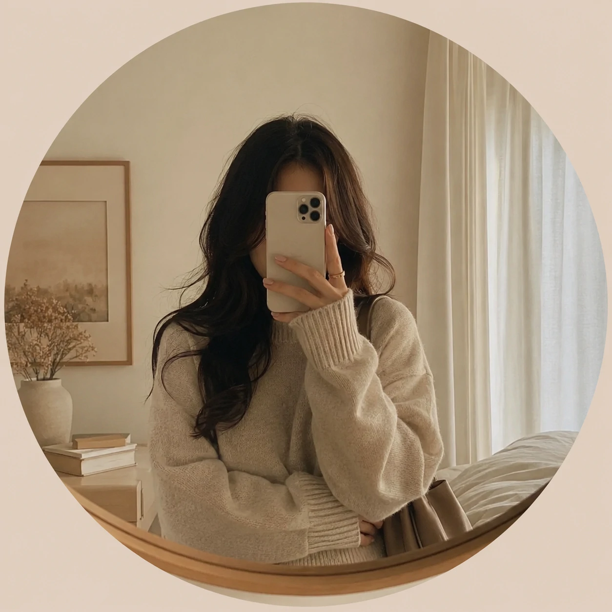 Beige mirror portrait for an unknown pfp for Instagram.