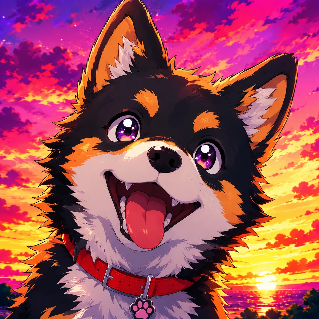 Vibrantly colored anime dog PFP with saturated background tones