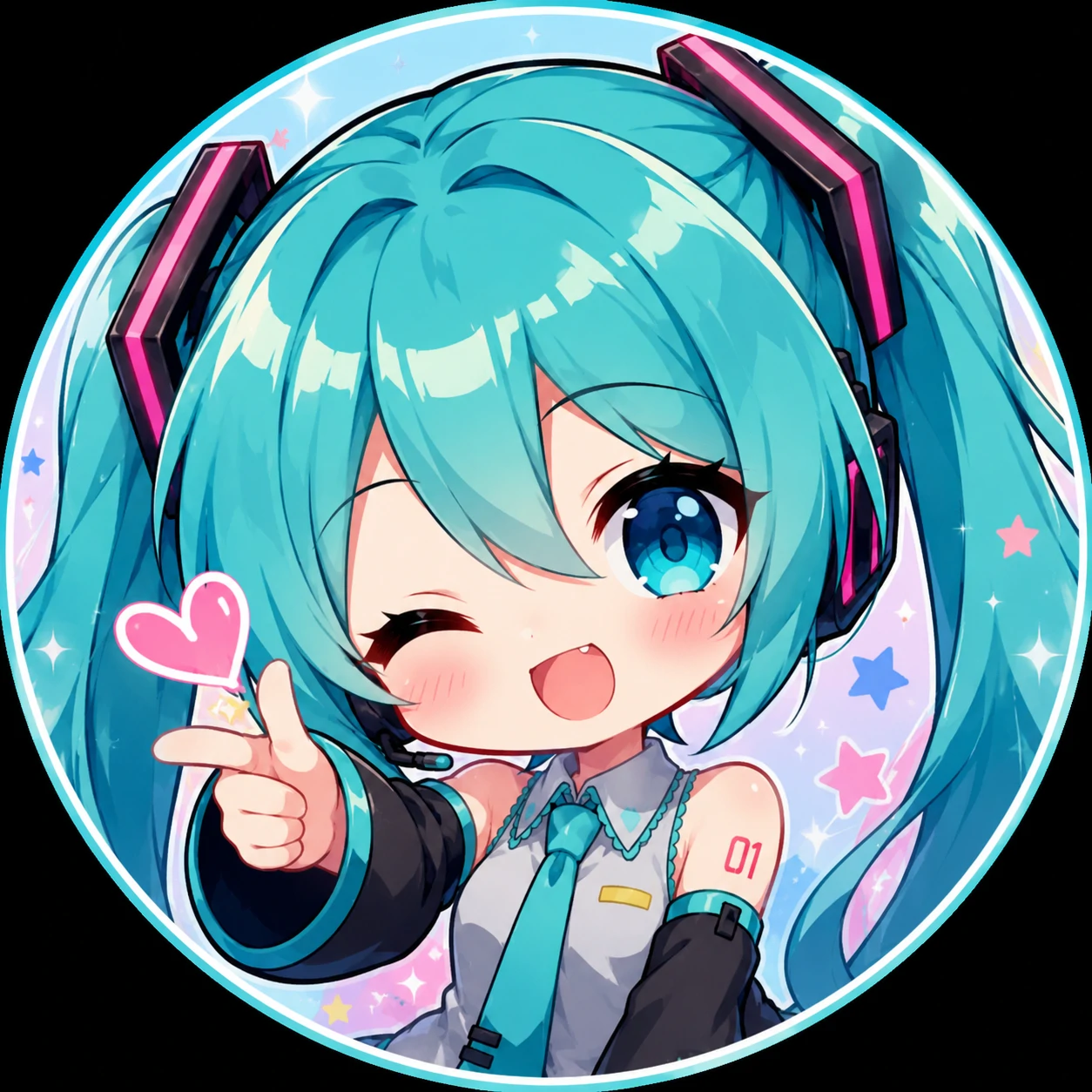 Chibi Miku profile picture with wink, rounded cheeks, and bright anime color palette