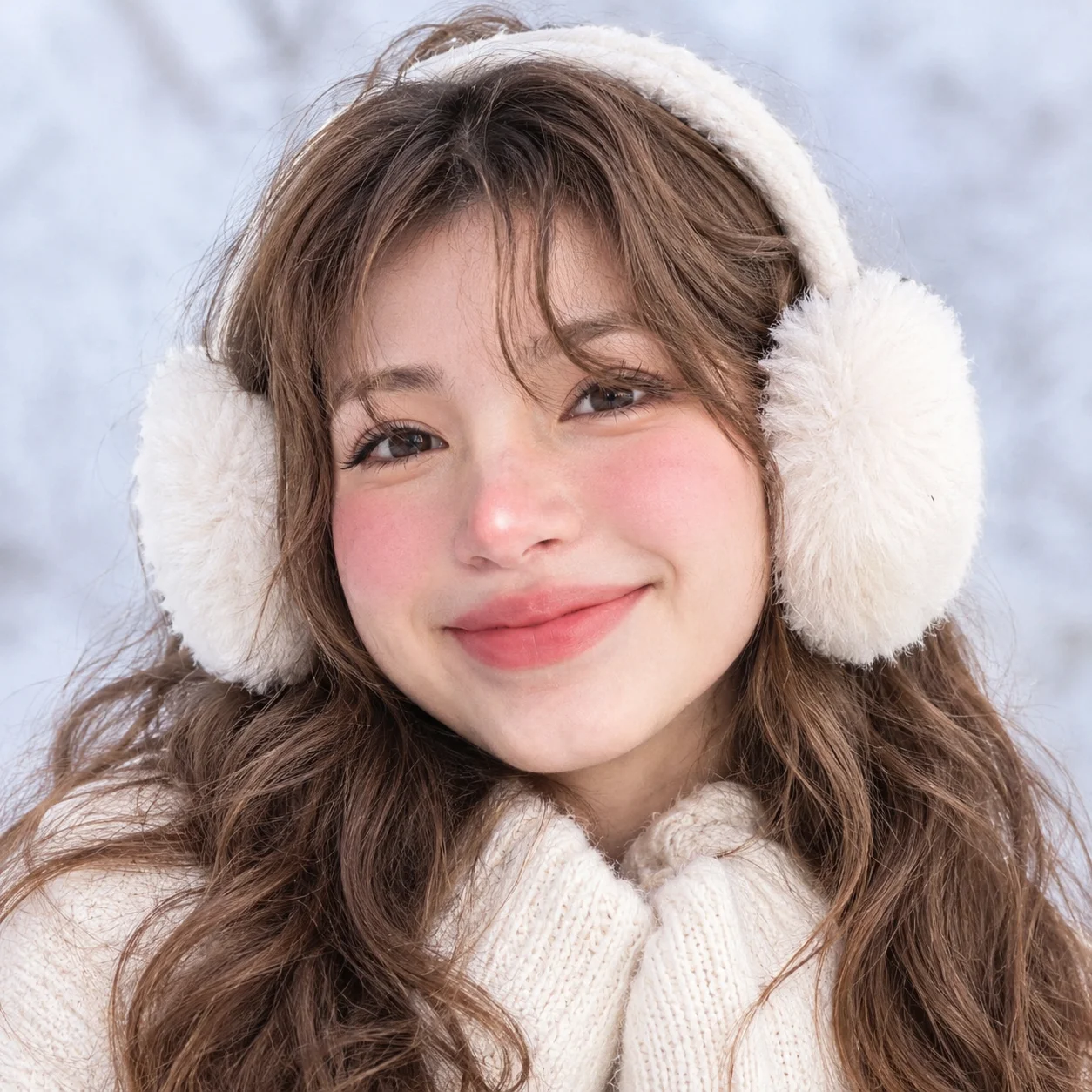 Winter preppy profile picture with white earmuffs and pink cheeks for soft festive avatars