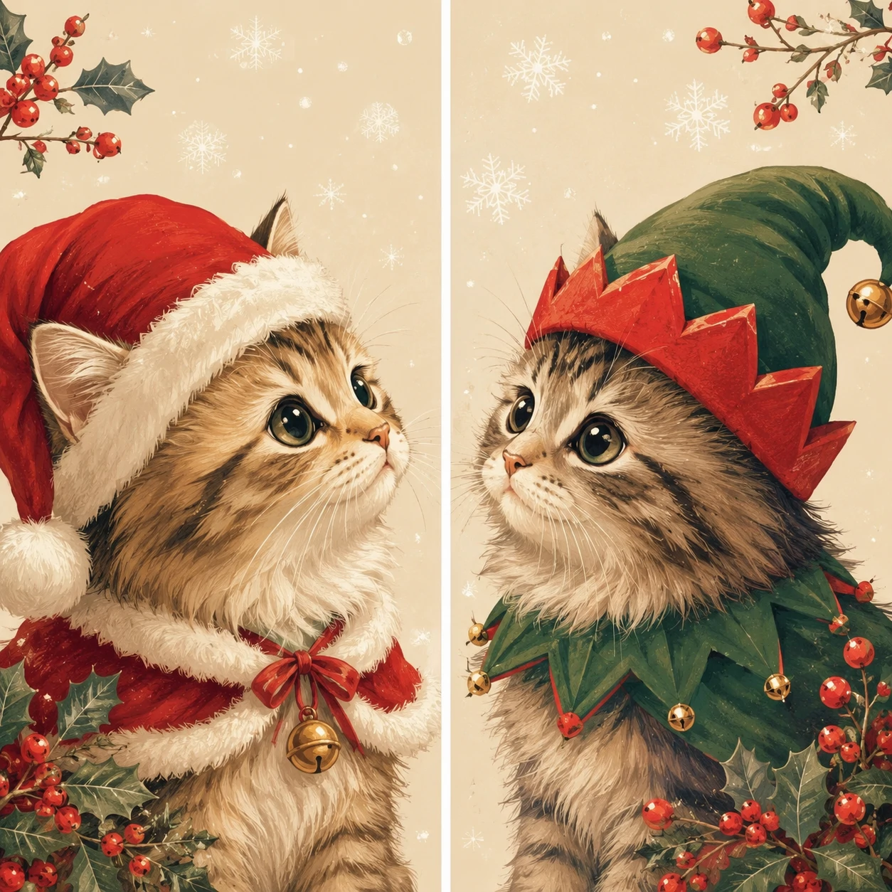 Matching Christmas PFPs of two cats, one in a Santa hat and one in an elf hat, side by side