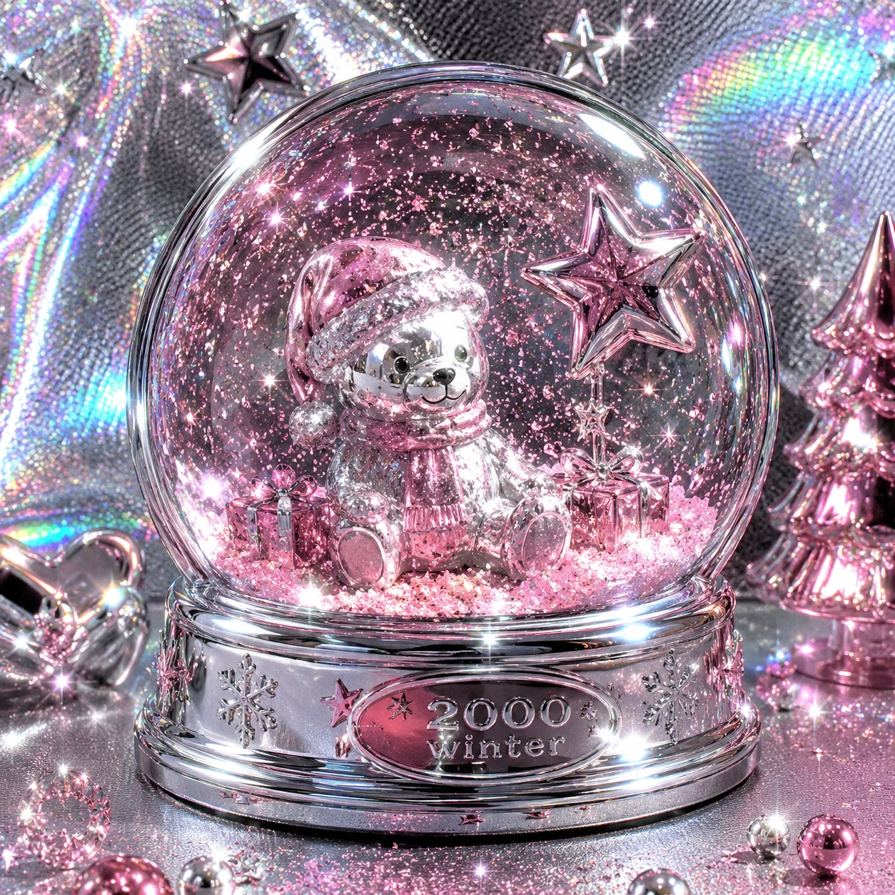 Y2K Christmas PFP featuring a chrome snow globe with pink glitter snow inside on a shiny background