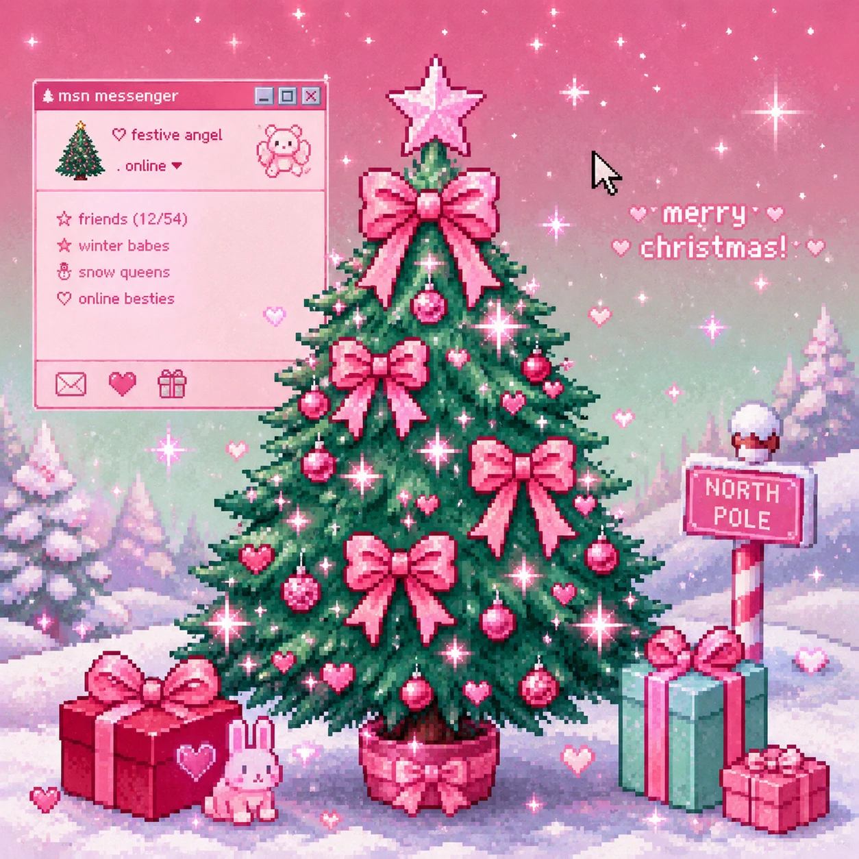 Y2K Christmas PFP of a pixel-art pink Christmas tree covered in bows and sparkle stars