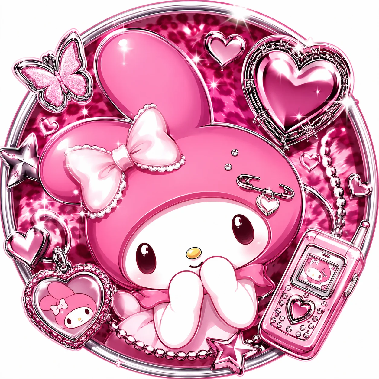 Y2K My Melody profile picture with chrome heart accents and retro pink tones